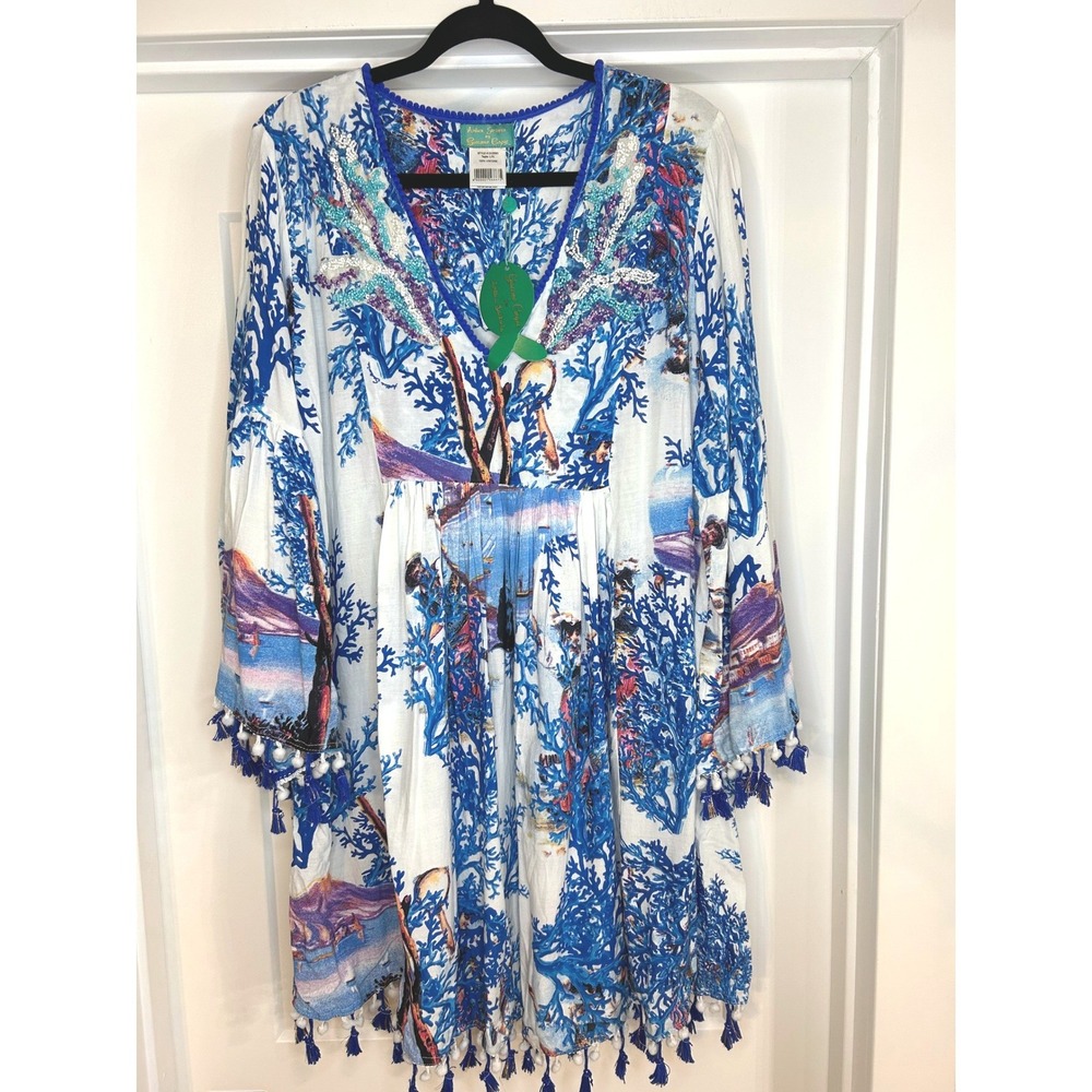 NEW Antica Sartoria Giacomo Cinque Positano Coral Print Sequin Tassel Dress L/XL - Picture 2 of 10